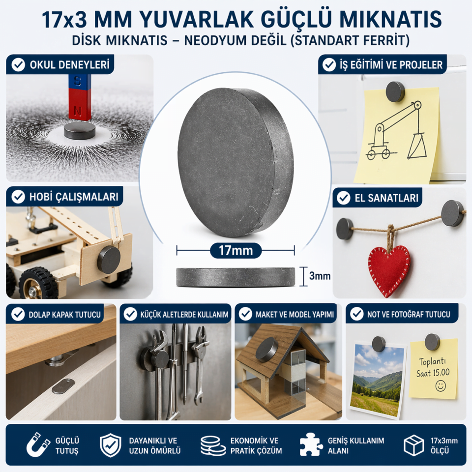 Mıknatıs 17x3 mm Yuvarlak Güçlü Mıknatıs Disk Mıknatıs