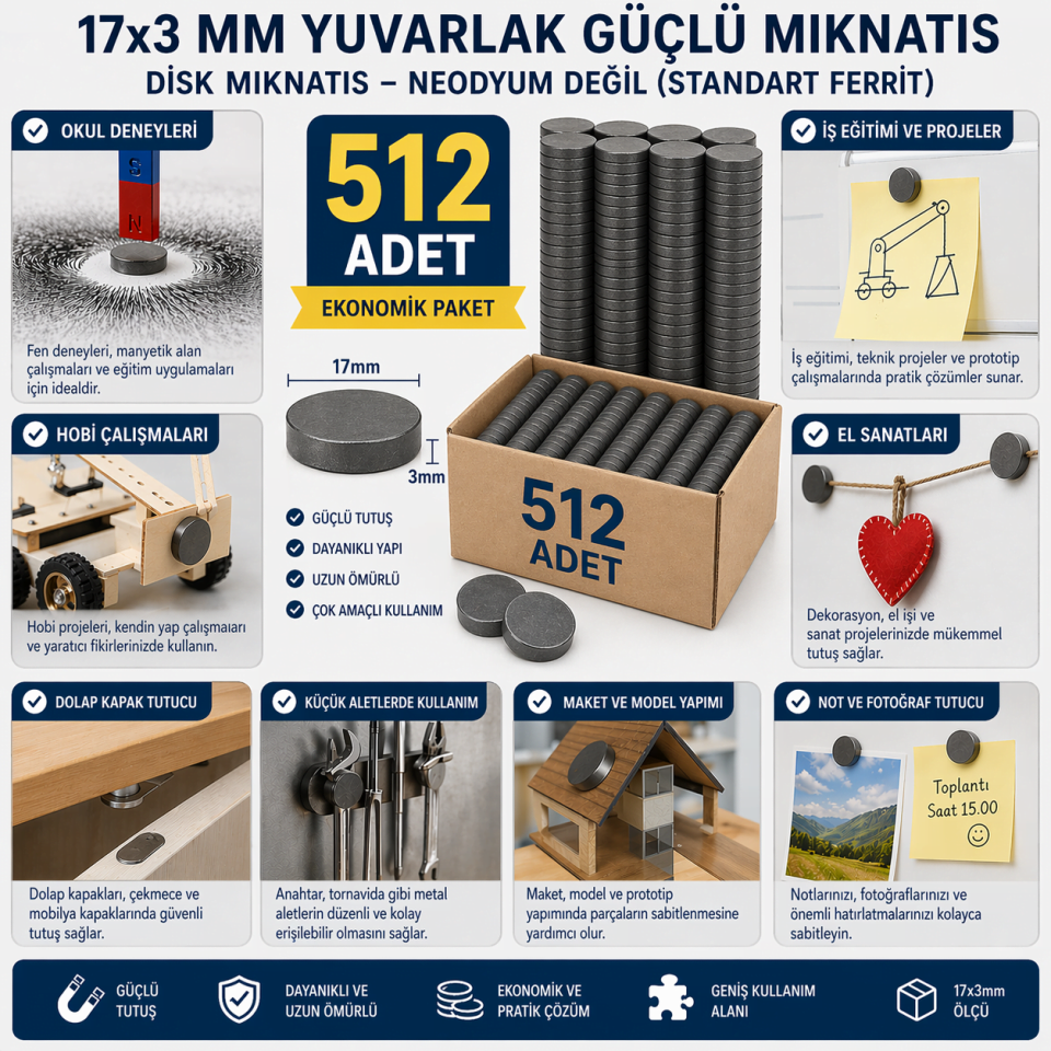512 Adet Mıknatıs 17x3 mm Yuvarlak Güçlü Mıknatıs Disk Mıknatıs