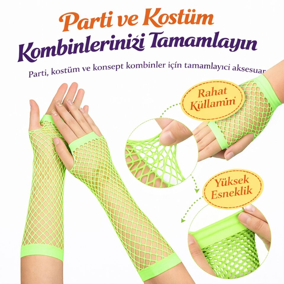 80’ler 90’lar Retro Neon Yeşil File Parmaksız Eldiven 26 cm