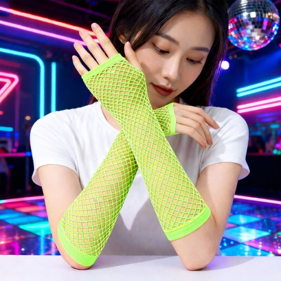80’ler 90’lar Retro Neon Yeşil File Parmaksız Eldiven 26 cm