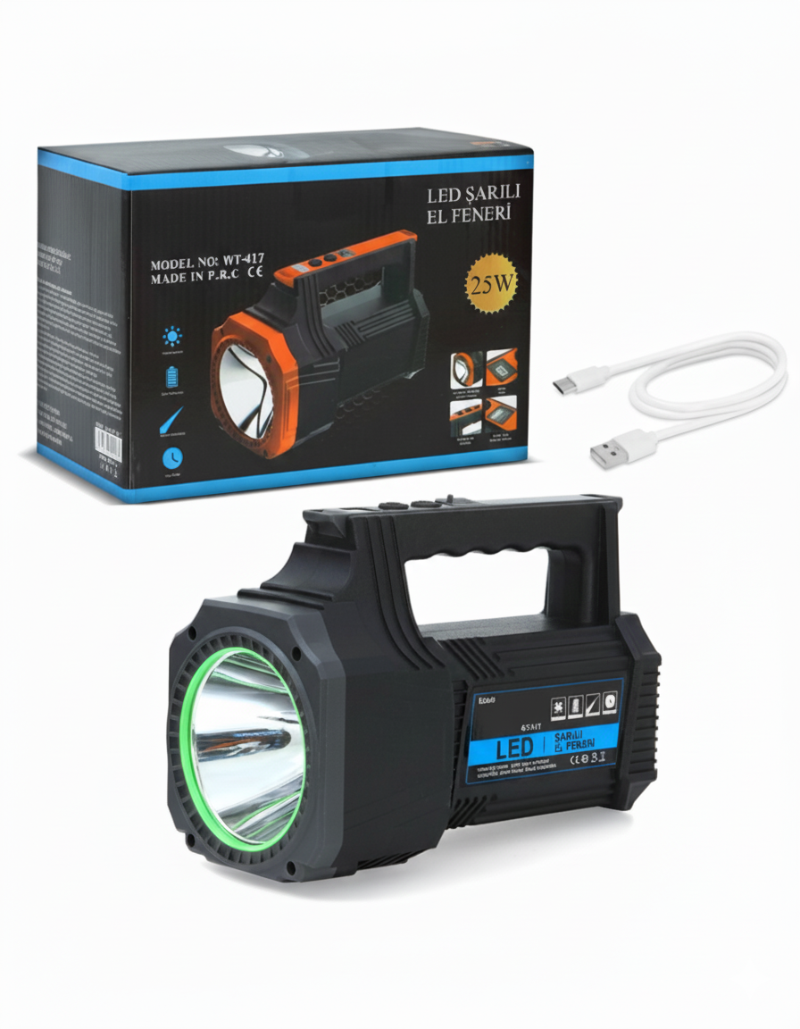 Şarjlı Dev Boy El Feneri 25W Süper Parlak LED El Lambası Kamp, Av ve Güvenlik İçin İdeal