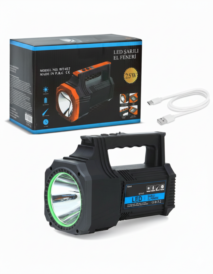 Şarjlı Dev Boy El Feneri 25W Süper Parlak LED El Lambası Kamp, Av ve Güvenlik İçin İdeal