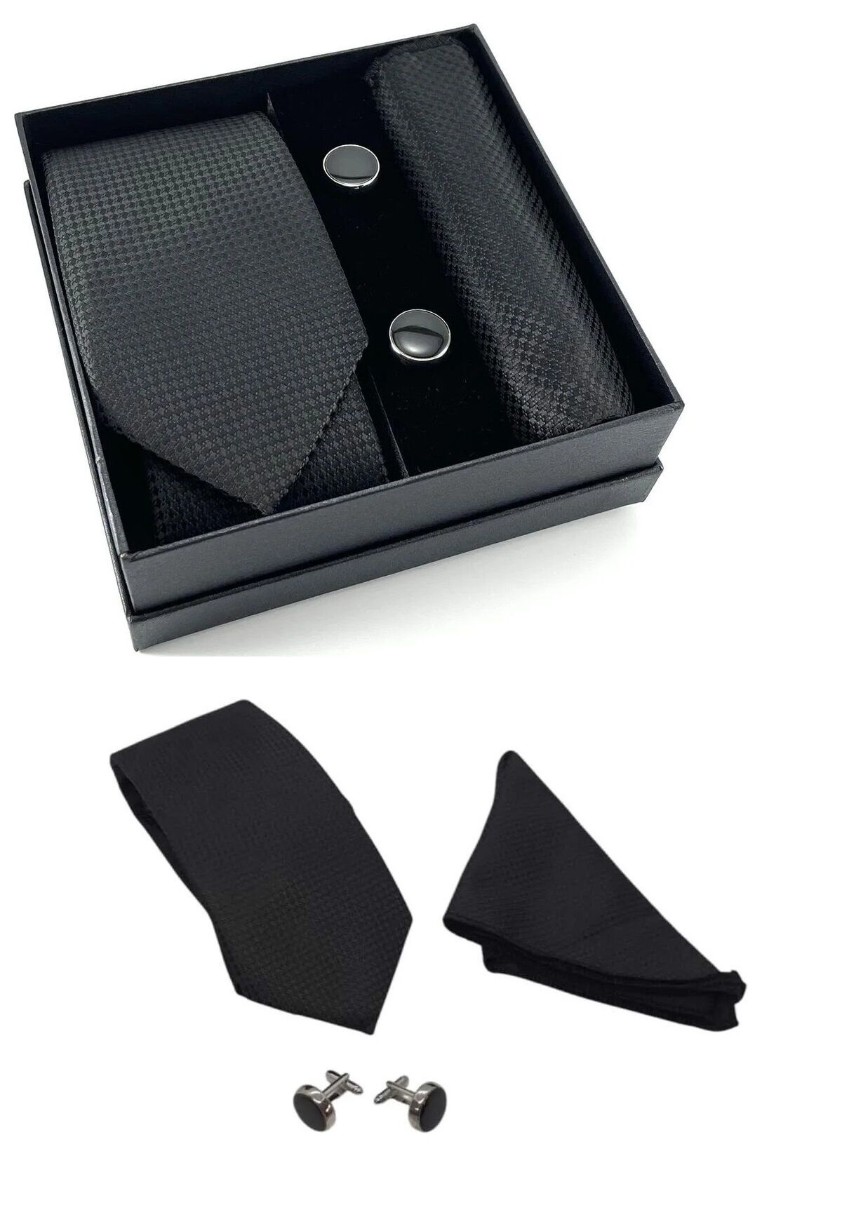 Kravat Düğme Set Siyah Desenli Kravat Mendil Kol Düğmesi Özel Set