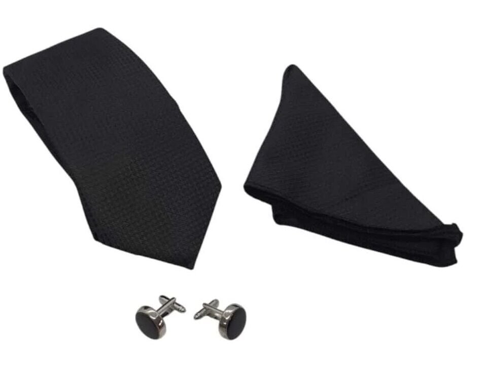 Kravat Düğme Set Siyah Desenli Kravat Mendil Kol Düğmesi Özel Set