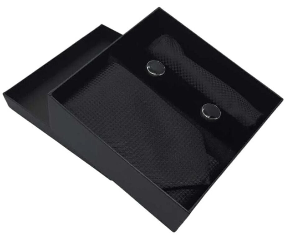 Kravat Düğme Set Siyah Desenli Kravat Mendil Kol Düğmesi Özel Set