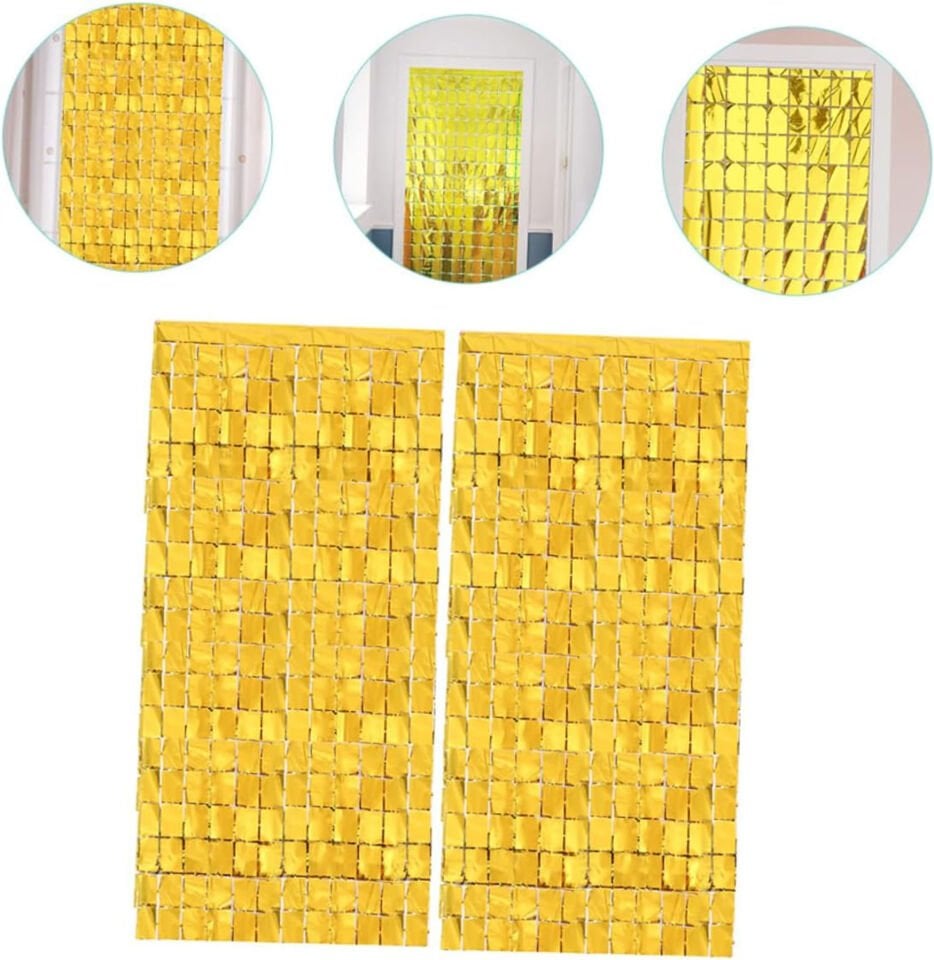 Ekstra Metalize Altın Renk Disko Dikdörtgen Kesim Kapı Perdesi Dekorasyon 1x2 Metre