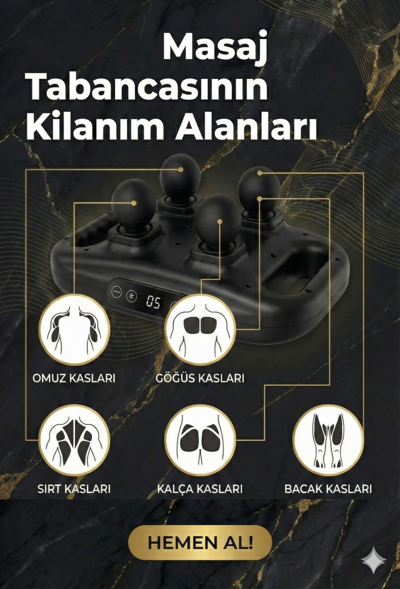 4 Başlıklı Masaj Tabancası - Ergonomik Derin Doku Sırt ve Boyun Masaj Aleti Ağrı ve Sızı Giderici