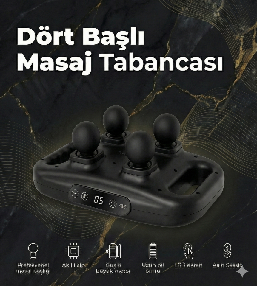 4 Başlıklı Masaj Tabancası - Ergonomik Derin Doku Sırt ve Boyun Masaj Aleti Ağrı ve Sızı Giderici