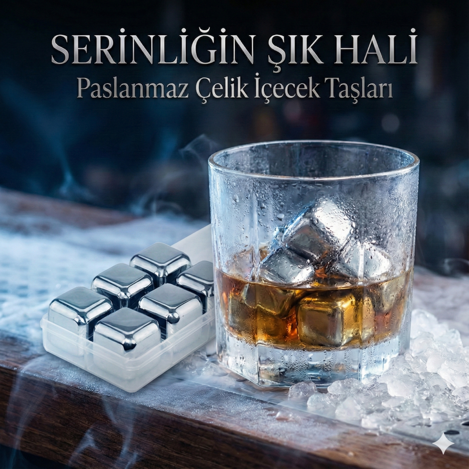 6'lı Çelik Metal Kaplama Viski Taşı Soğutma Buz Küpü