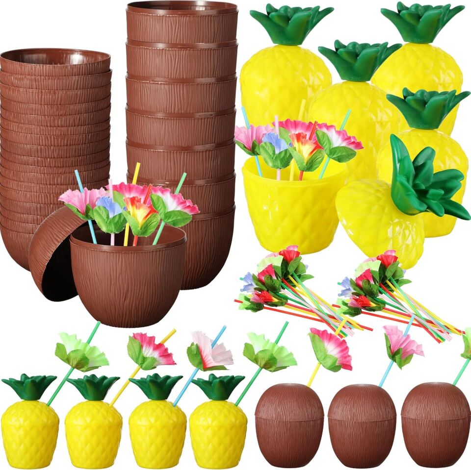Ananas & Hindistan Cevizi Tasarımlı Pipetli Bardak Seti (6 Adet)