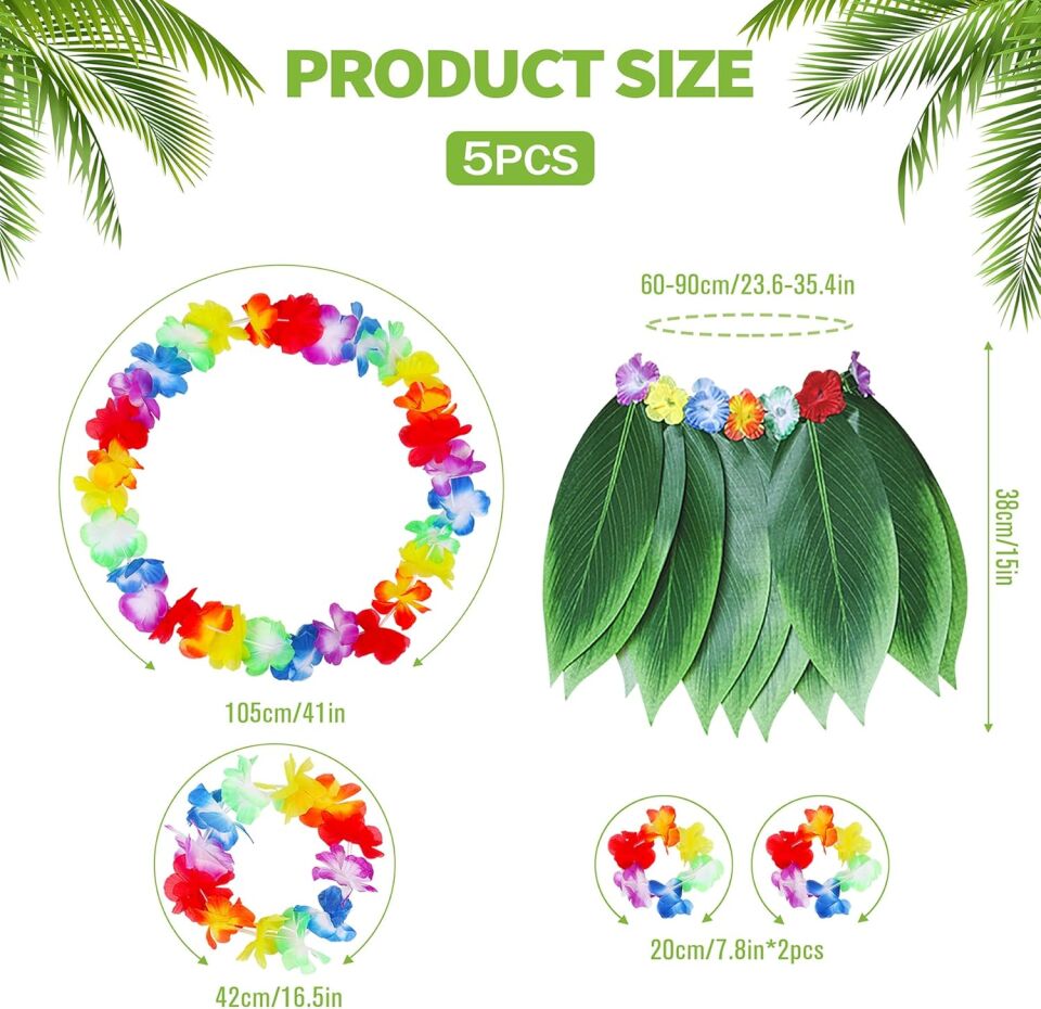 Yetişkin Hawaii Kostüm Seti - Yaprak Etek & Hawaii Set - 5 Parça