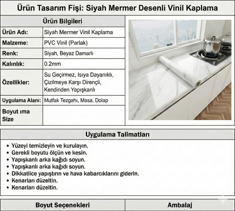 Beyaz Mermer Desenli Yapışkanlı Tezgah Folyosu (3 mt.x 60 cm)