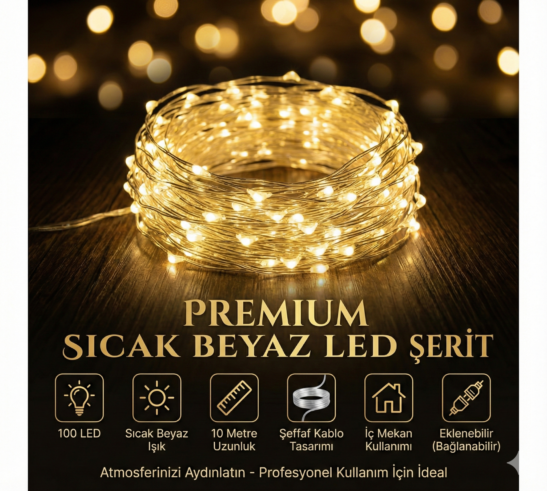 Yılbaşı Aydınlatması 100 LED Perde Hortum Sıcak Beyaz Işık - 10 Metre Dekoratif Şeffaf Kablolu Süs
