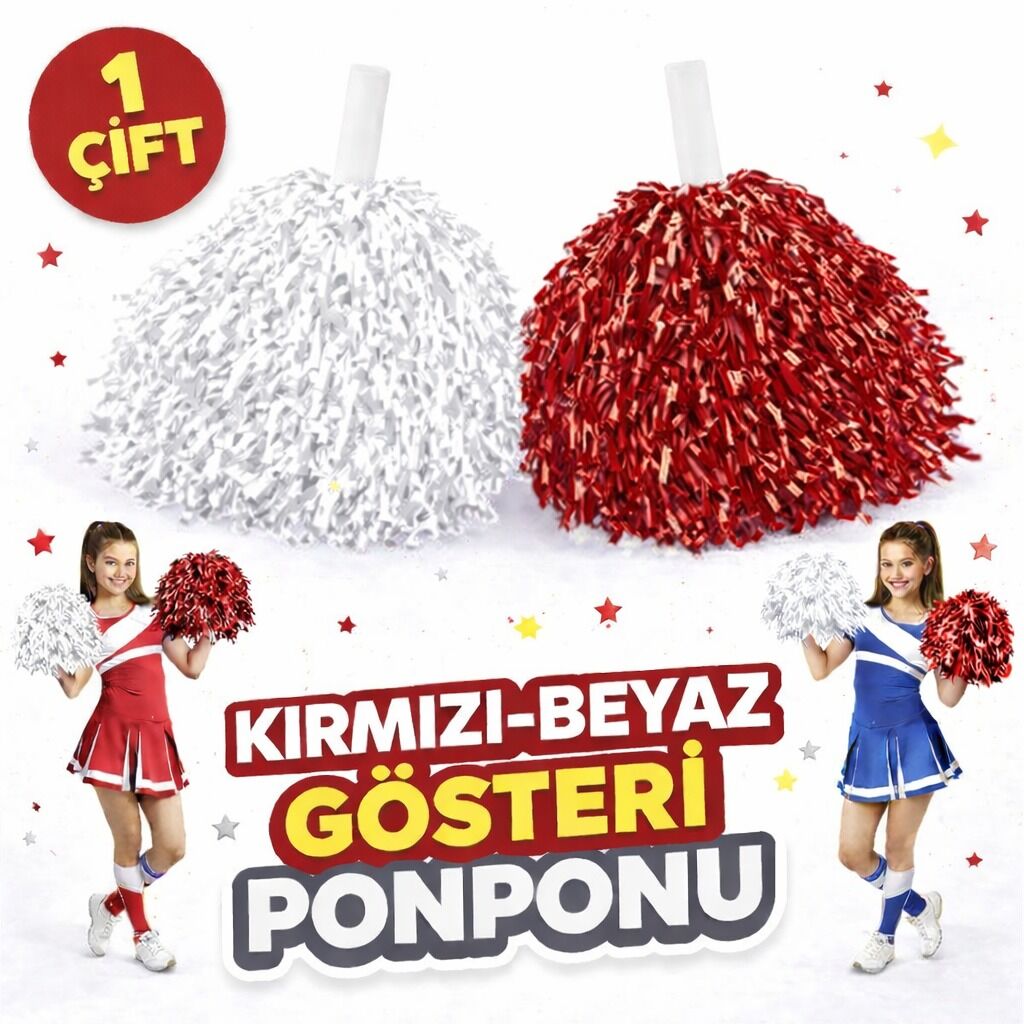 1 Çift ( 2 Adet ) Kırmızı-Beyaz Renk 23 Nisan 19 Mayıs 29 Ekim Okul Gösteri Ponponları Ekstra Dolgun