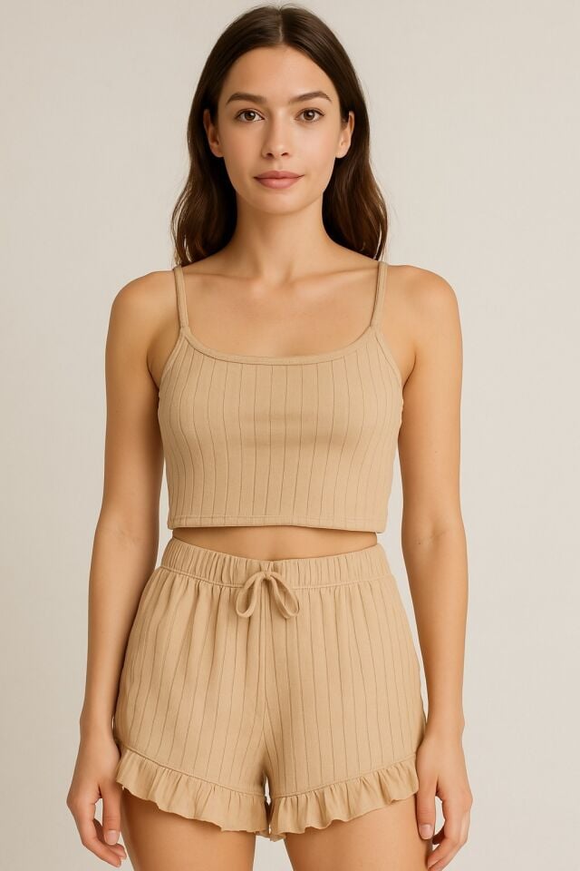 Crop Takım - Askılı Crop Takım Likralı Bej (XL)