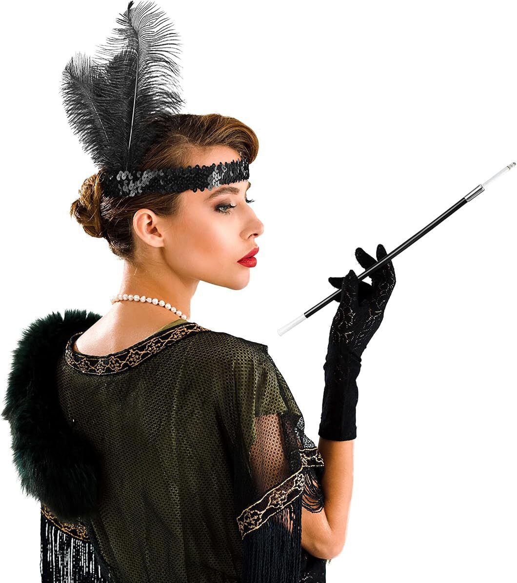 1920'ler Gatsby Aksesuar Seti – Siyah Charleston Saç Bandı & Sigaralık