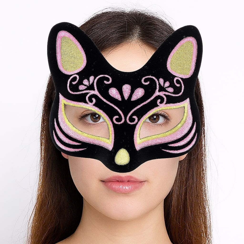 Siyah Renk Süet Kaplama Üzeri Sarı Pembe Simli Kedi Maskesi 17x14 cm