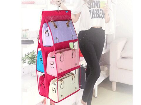 6 Gözlü Pratik Dolap İçi Çanta Askılığı/Organizer (Pembe)