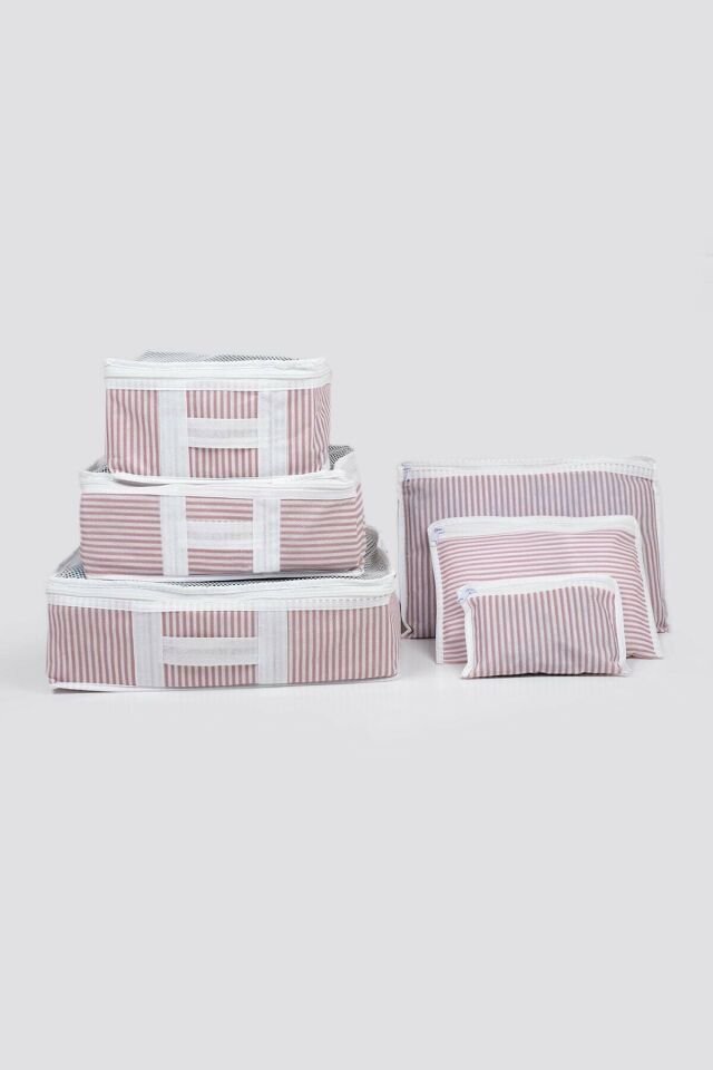 6 Parça Valiz Organizer Seti - Pembe Beyaz Çizgili