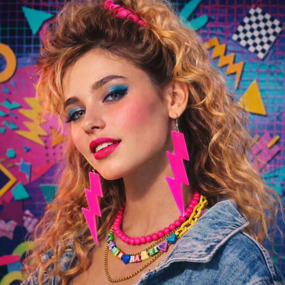 80’ler 90'lar Retro Neon Pembe Şimşek Küpe 10 cm