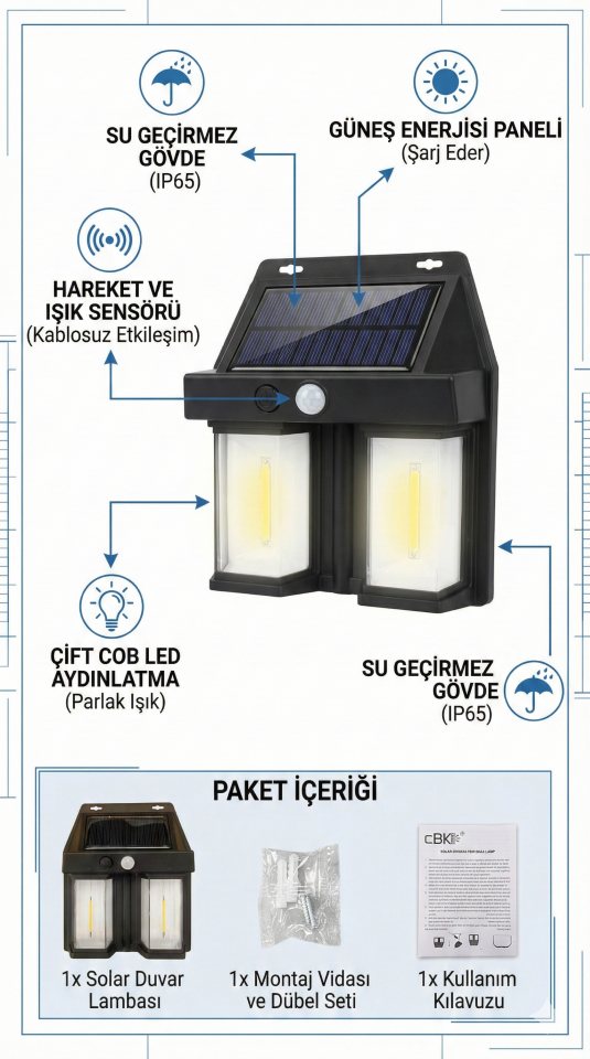 Rustik Ampul İkili Solar Duvar Aplik Güneş Enerjili Hareket Sensörlü