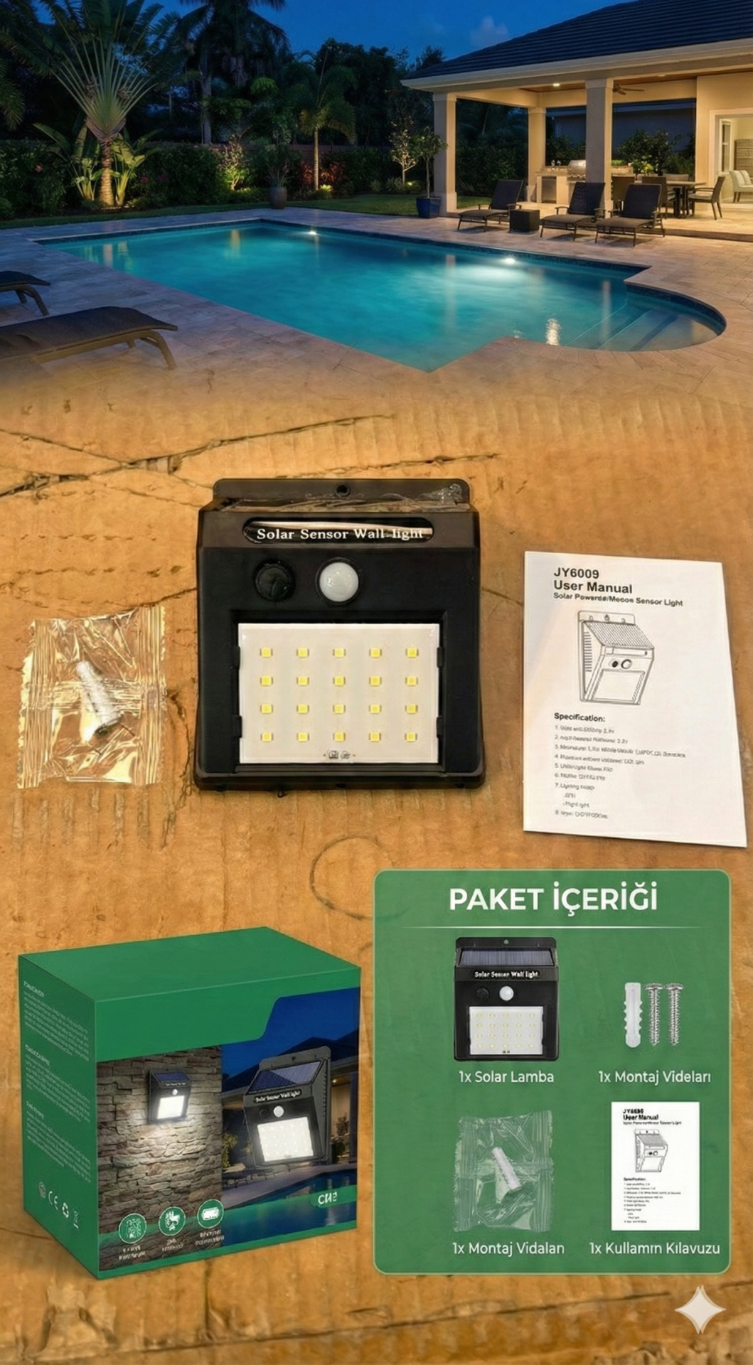 20 Ledli Hareket Sensörlü Dış Mekan Solar Lamba