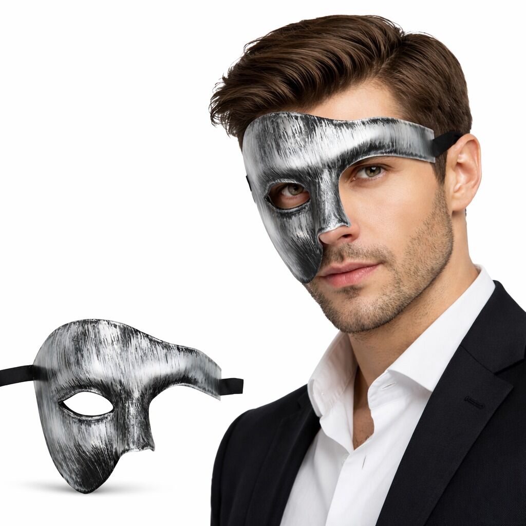 Antik Eskitme Gümüş Erkek Yarım Maske - Phantom & Balo Maskesi