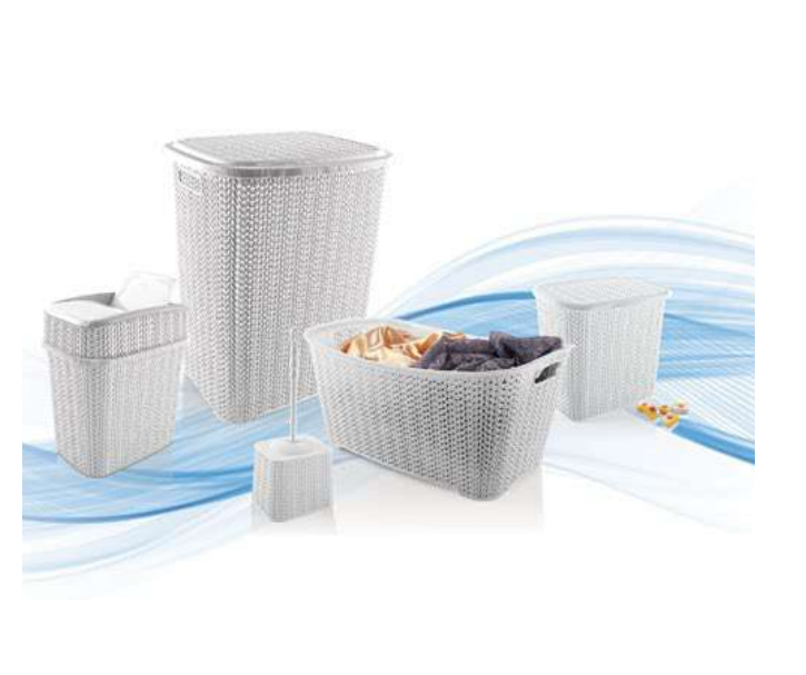 5 Parça Örgü Desenli Plastik Banyo Seti Çamaşır Sepeti Deterjanlık Çöp Kovası Klozet Fırçası - Gri