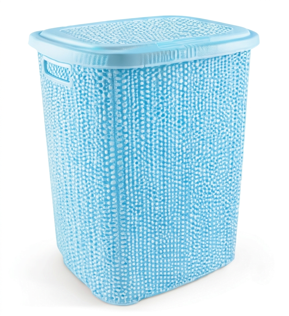 Kirli Çamaşır Sepeti Kapaklı 65 LT Örgü Desenli Plastik Çamaşır Sepeti Banyo Sepeti - Mavi
