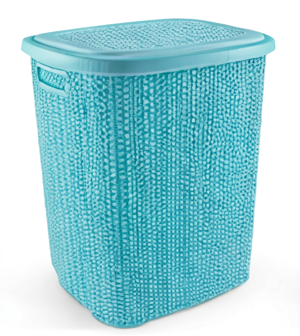 Kirli Çamaşır Sepeti Kapaklı 65 LT Örgü Desenli Plastik Çamaşır Sepeti Banyo Sepeti - Turkuaz
