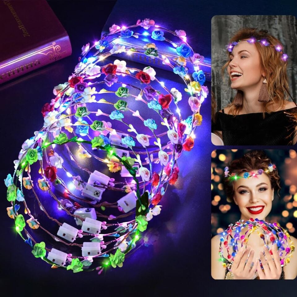 Renkli LED Çiçek Taç – 3 Işık Modlu Glow Parti Tacı