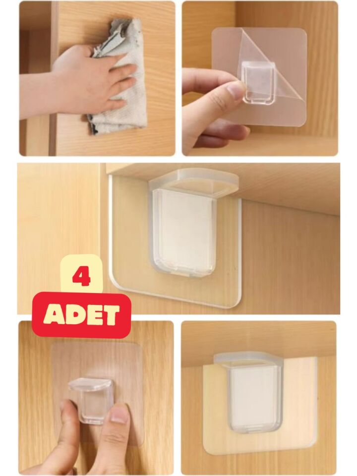 Raf Köşe Tutucu Yapışkanlı Dolap İçi Köşe Destek Aparatı 4 Adet Çok Amaçlı Klips