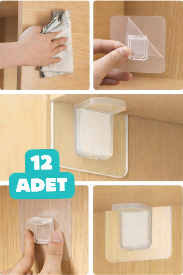 Raf Köşe Tutucu Yapışkanlı Dolap İçi Köşe Destek Aparatı 12 Adet Çok Amaçlı Klips