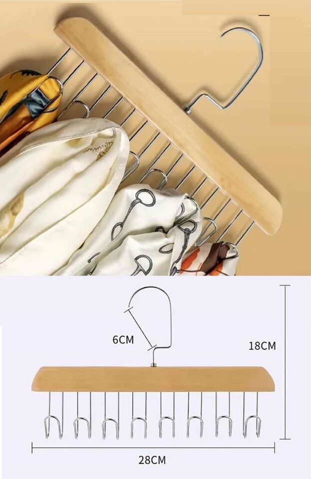 8 Kancalı Askı Çok Fonksiyonlu Ahşap Kemer Kravat Eşarp Dolap Askısı
