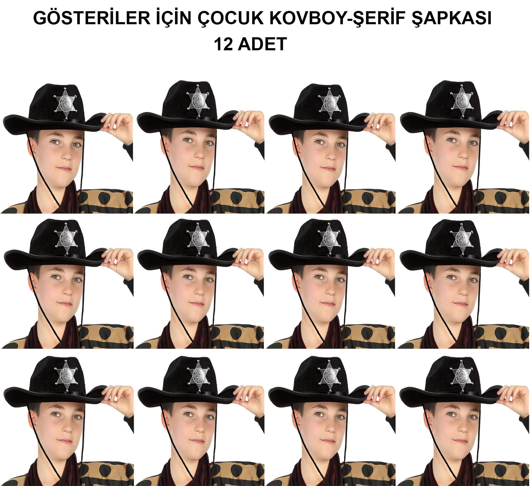 Kovboy Şerif Şapkası Siyah 12 Adet - Kostüm, Parti ve Gösteri Şapkası