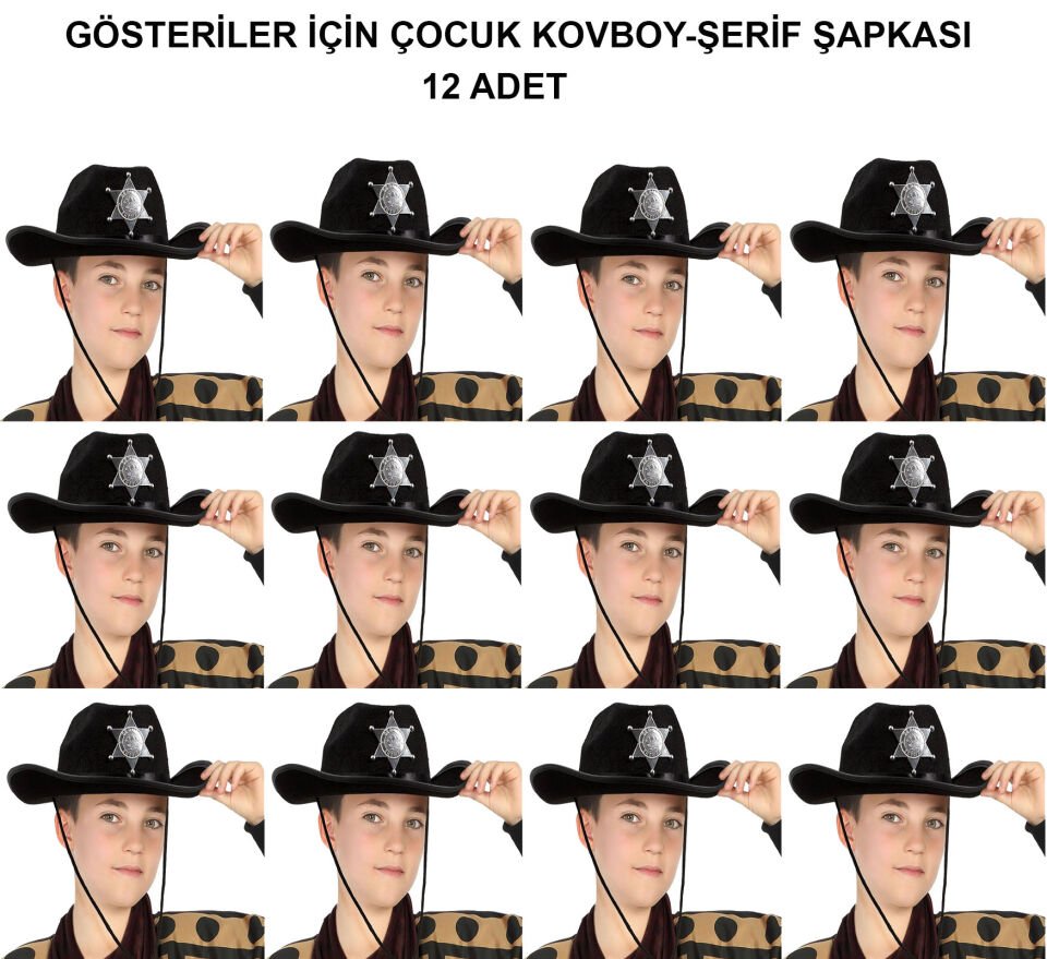 Kovboy Şerif Şapkası Siyah 12 Adet - Kostüm, Parti ve Gösteri Şapkası