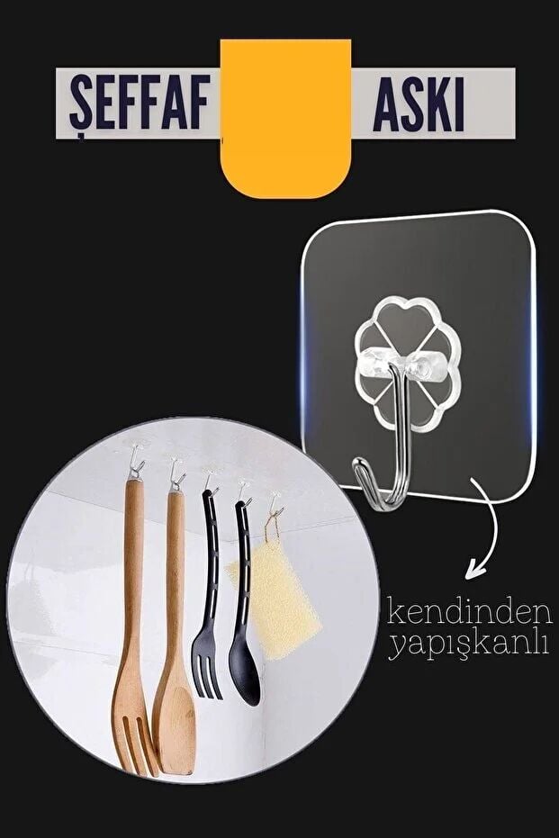 Şeffaf Yapışkanlı Askı, Mutfak Banyo Duvar Askısı, Çivisiz Pratik Kanca Seti