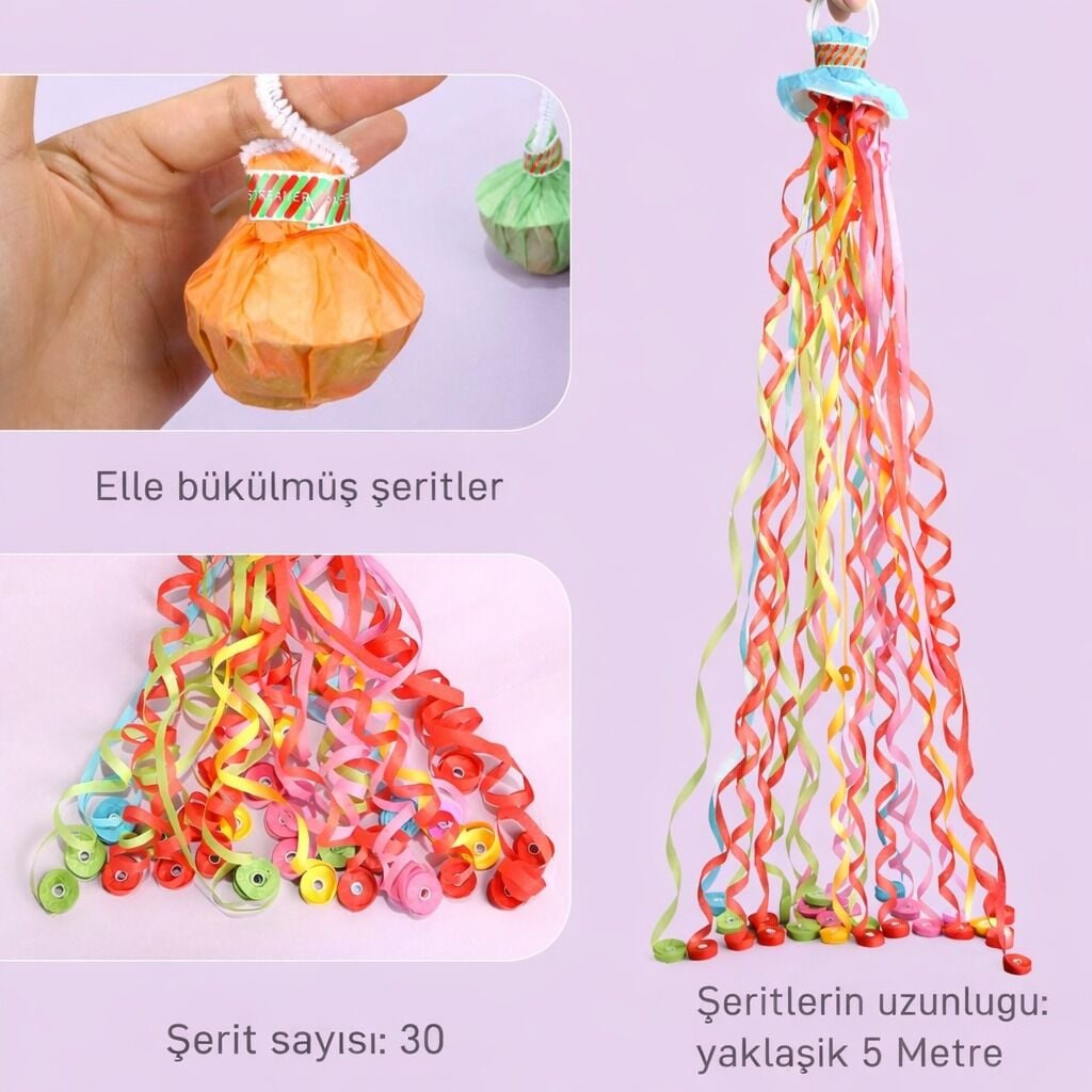 30 Şeritli Renkli Elle Atılan Konfeti – 5 Metre Uzayan Şerit Konfeti 1 Adet