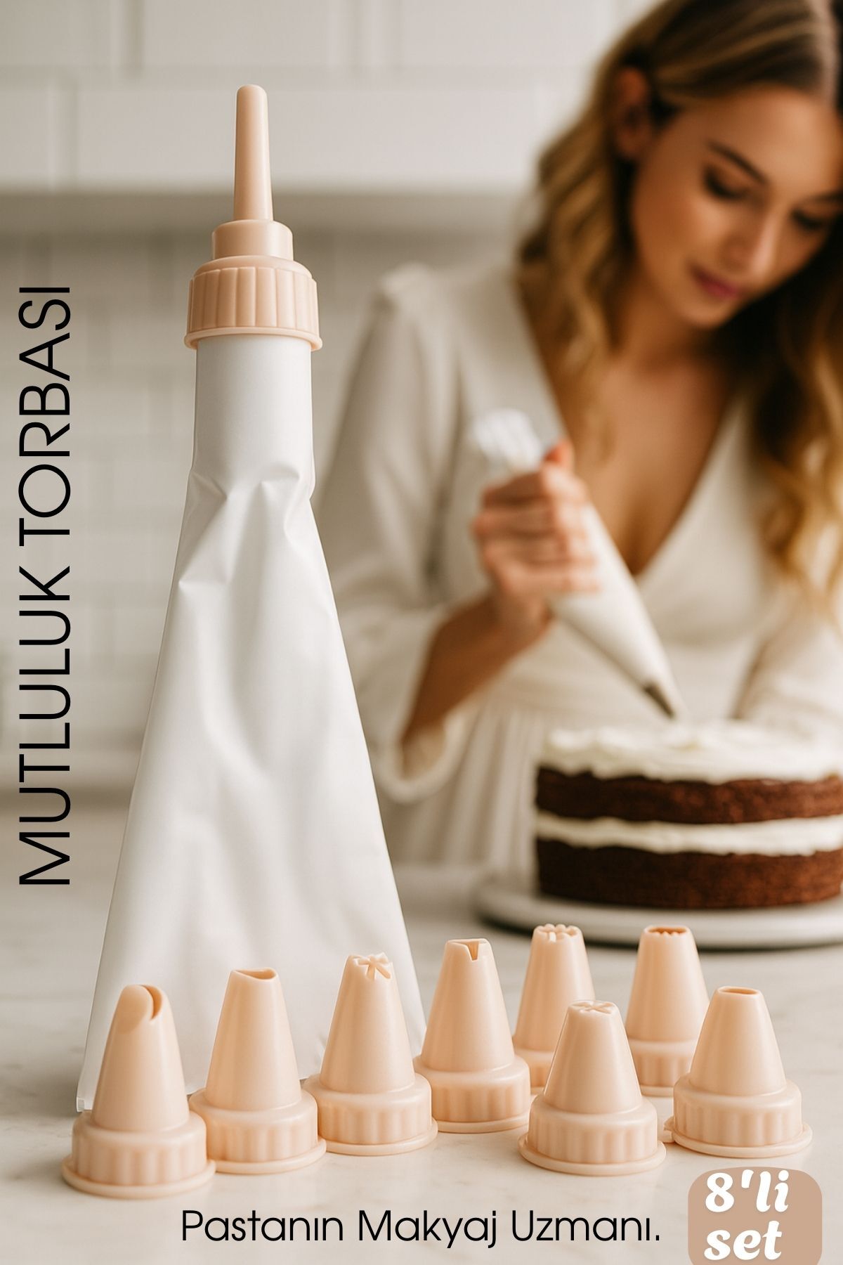 Profesyonel 8'li Krema Sıkma Torbası Seti | Pastacılık Dekorasyon Uçları ve Fırfır Başlıkları