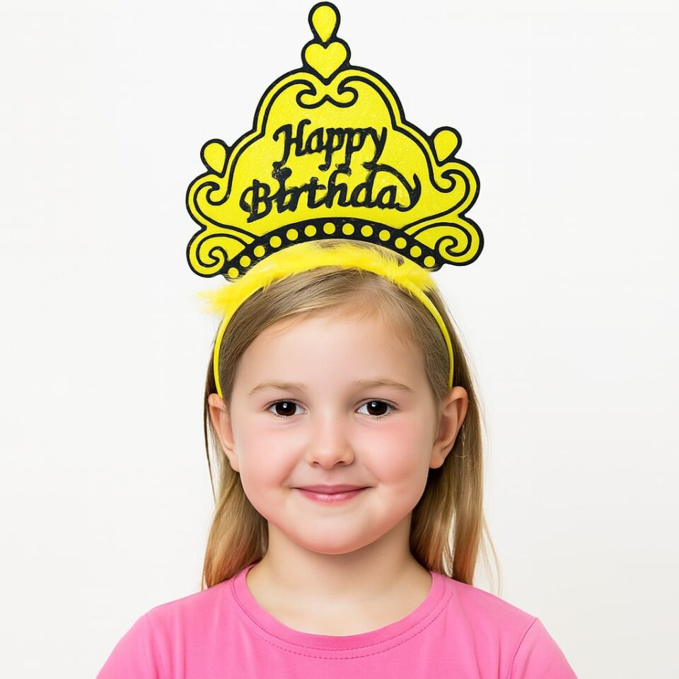Sarı Happy Birthday Prenses Tacı – Doğum Günü Taç Aksesuarı