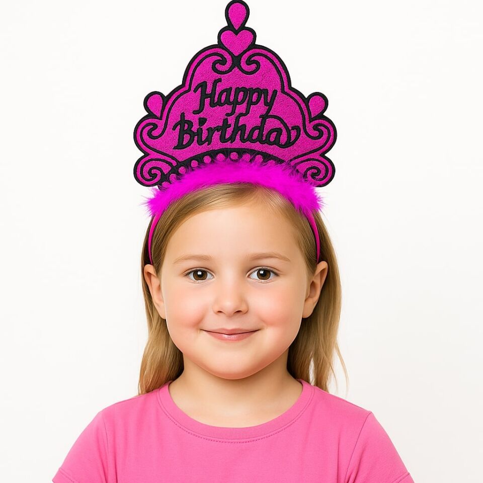 Fuşya Happy Birthday Prenses Tacı – Doğum Günü Taç Aksesuarı