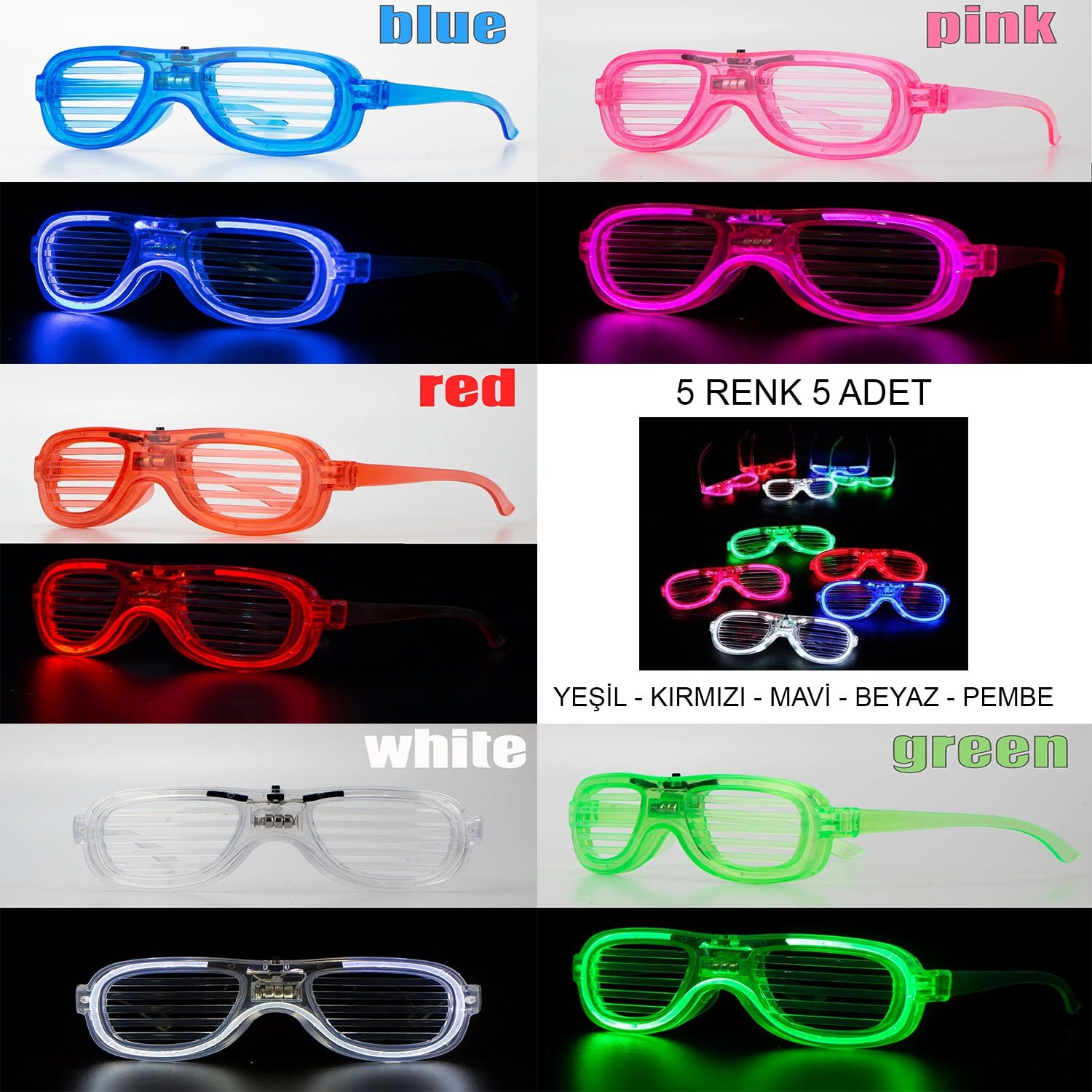 Glow Model Led Işıklı Parti Gözlüğü 3 Modlu 5 Renk 5 Adet