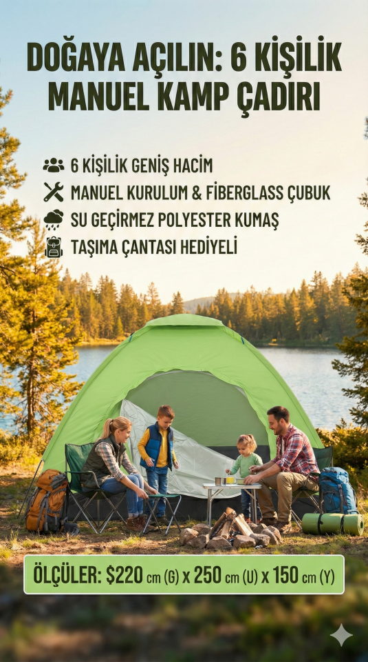 Kolay Kurulumlu Pratik Kamp Çadırı 6 Kişilik  (220x250x150)