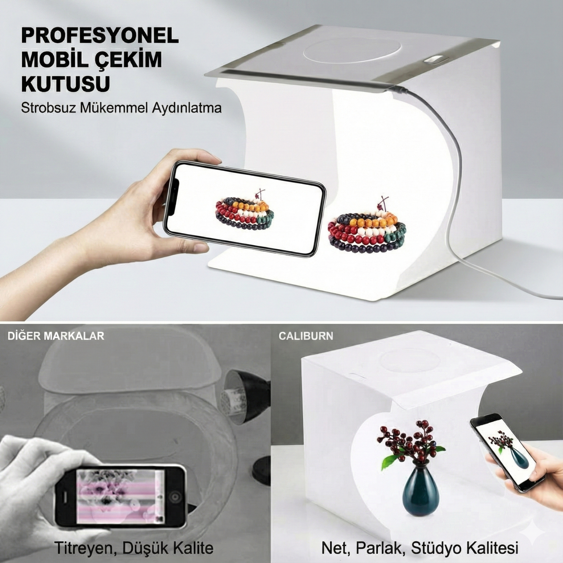 20 x 20 CM Profesyonel Stüdyo Led Işıklı Çift Sıra Ürün Fotoğraf Çekim Çadırı