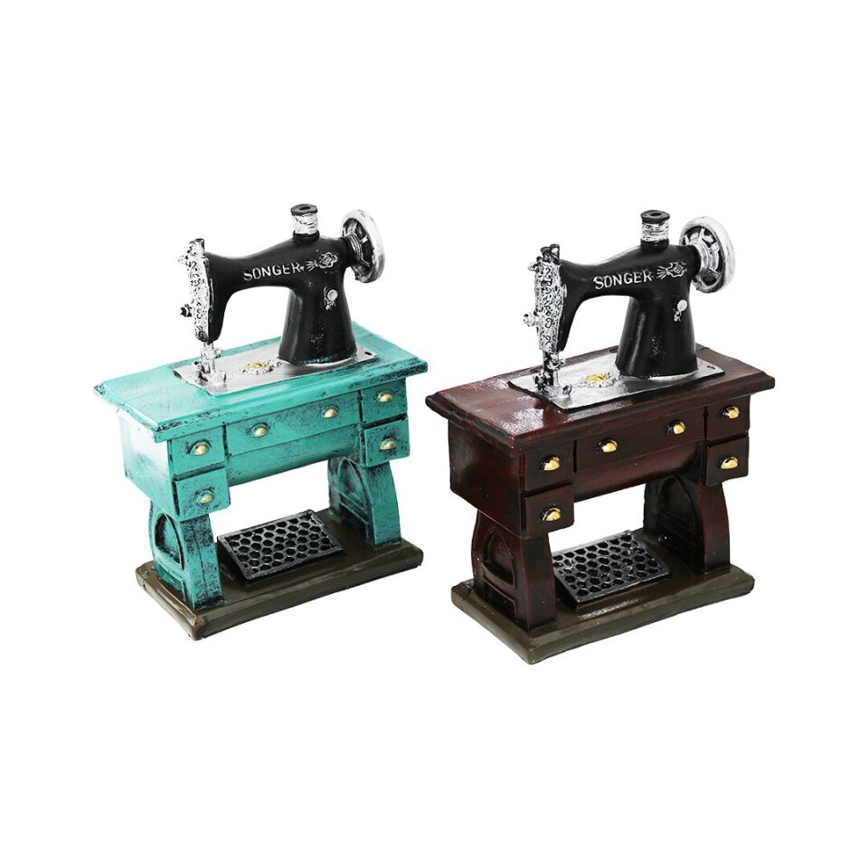 KUMBARA DİKİŞ MAKİNESİ VİNTAGE DEKORATİF BİBLO KUMBARA RENKLİ 20X15X8.5CM REÇİNE