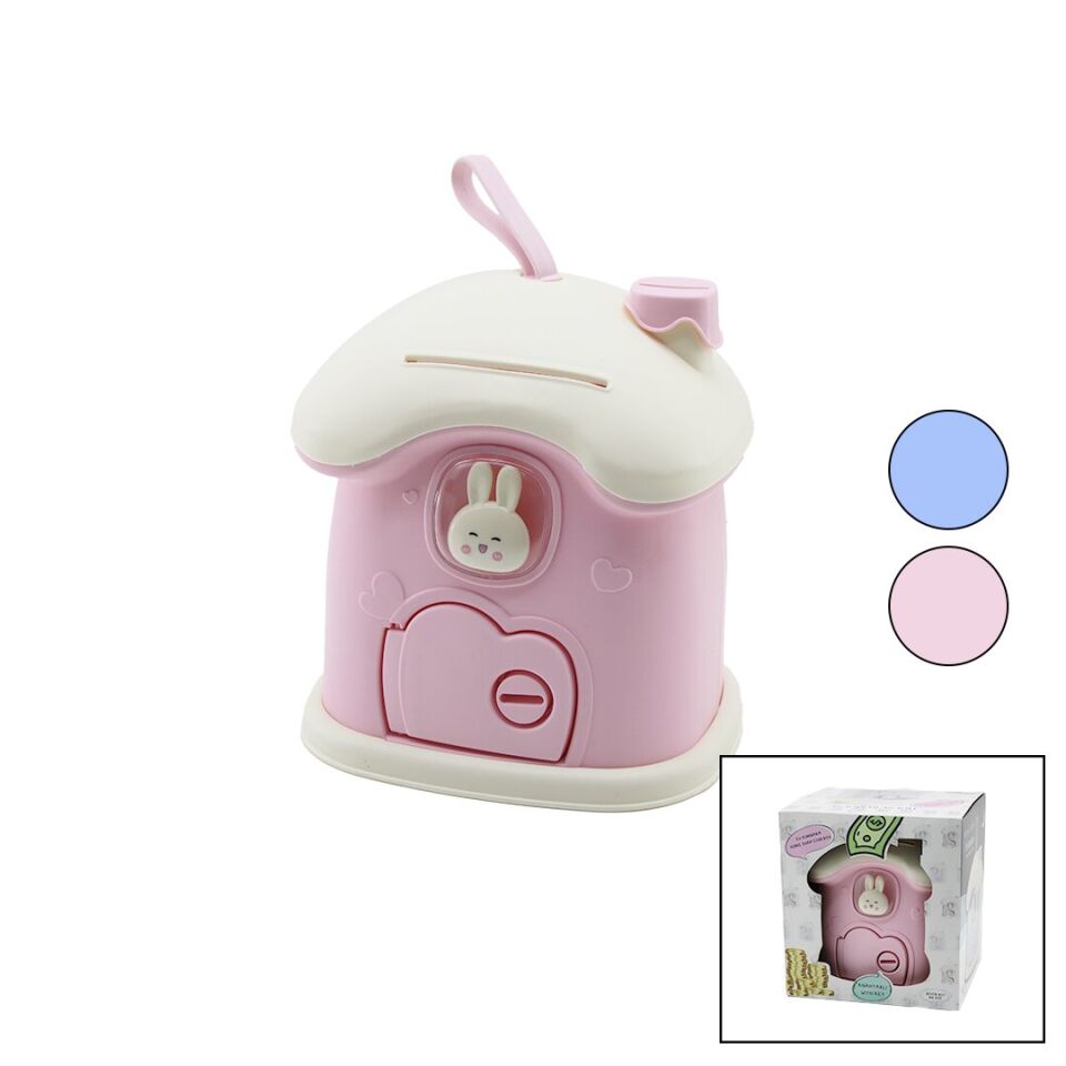 KUMBARA BÜYÜK 18X16X18CM EV MODELİ KİLİTLİ RENKLİ PLASTİK ÇOCUK KUMBARA TAVŞAN FİGÜRLÜ