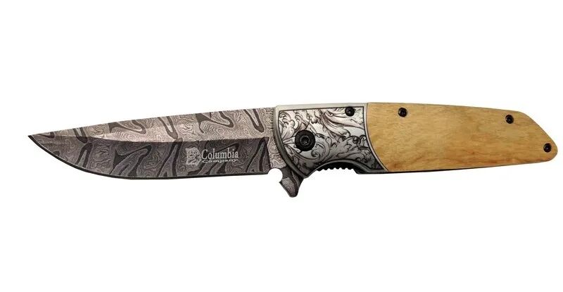 Columbia A2150C Kahve Kamp Çakısı 21cm- Manuel, Ahşap İşlemeli Sap,Kemerlikli