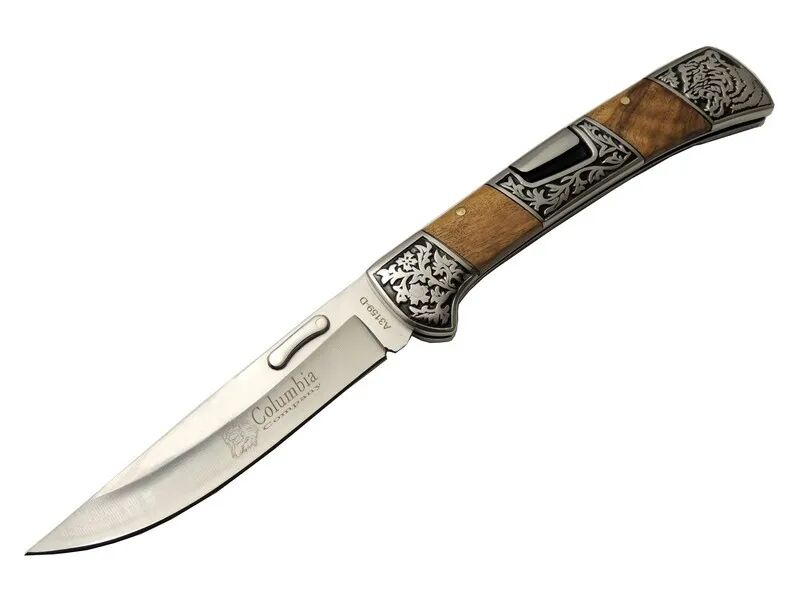 Columbia A3159-D Kahverengi Kamp Çakı 23,5cm- Ahşap Sap, Kaplan İşlemeli, Kemerlikli