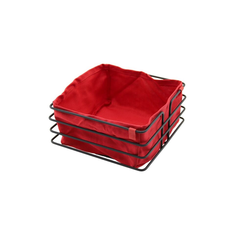 KARE SİYAH METAL KIRMIZI BEZLİ EKMEK SEPETİ 20X21CM DERİNLİK 10.5CM