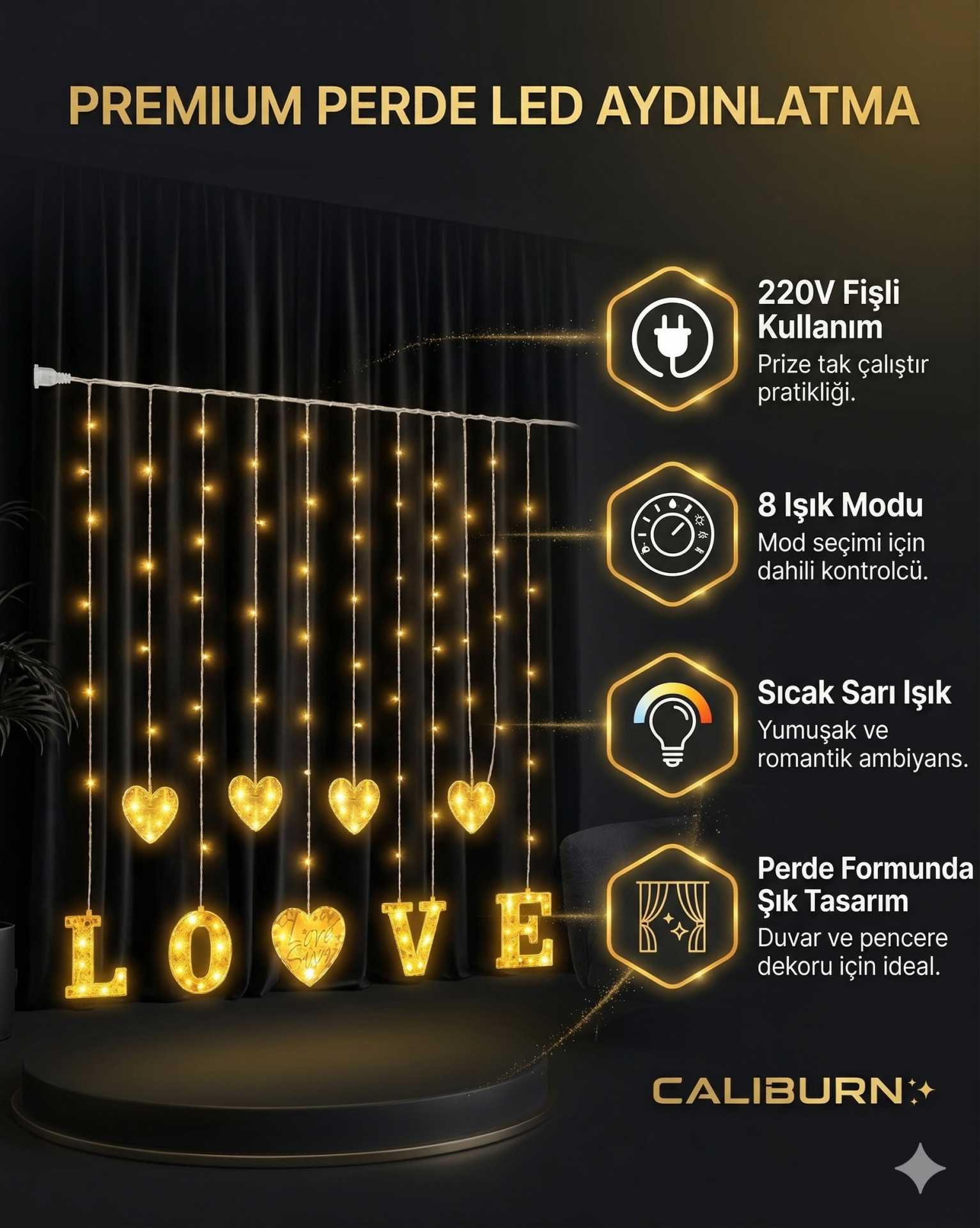 3 Metre Perde Led Işık - 8 Modlu Kalp ve LOVE Figürlü Dekoratif Animasyonlu Led